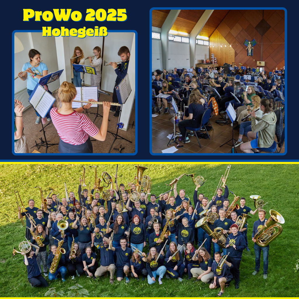 Auf dem Bild ist eine Collage von 3 Bildern zu sehen. Im ersten Bild sieht man die Registerprobe der Flöten. Das zweite Bild zeigt eine Aufnahme der Gesamtprobe des Orchesters. Auf dem dritten Bild, welches die untere Hälfte des Bildes einnimmt, ist das alljährliche Gruppenfoto des Orchesters zu sehen. Die Musiker tragen die offizielle Auftrittskleidung und halten ihre Instrumente in die Höhe.